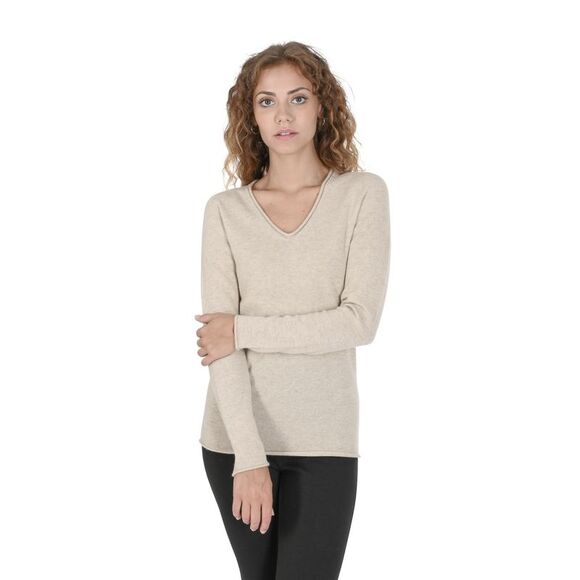 Crown of Edinburgh Cashmere VNeck Cashmere Sweater Classic Style Women Beige - Picture 1 of 7